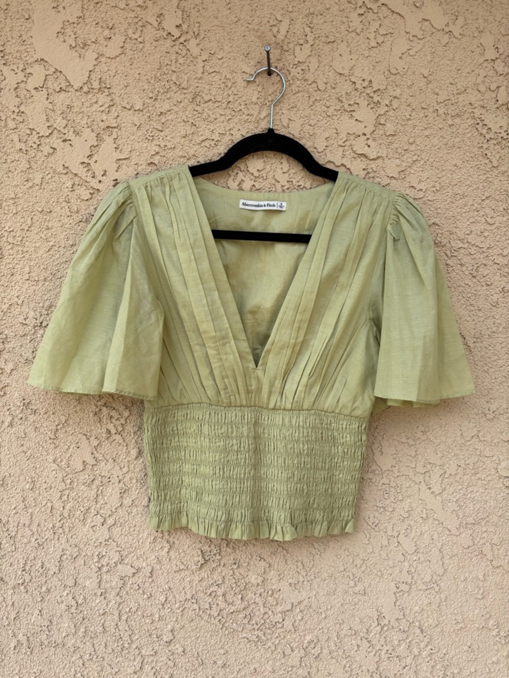 Abercrombie & Fitch Light Green V-Neck Smocked Waist Flutter Sleeve Top